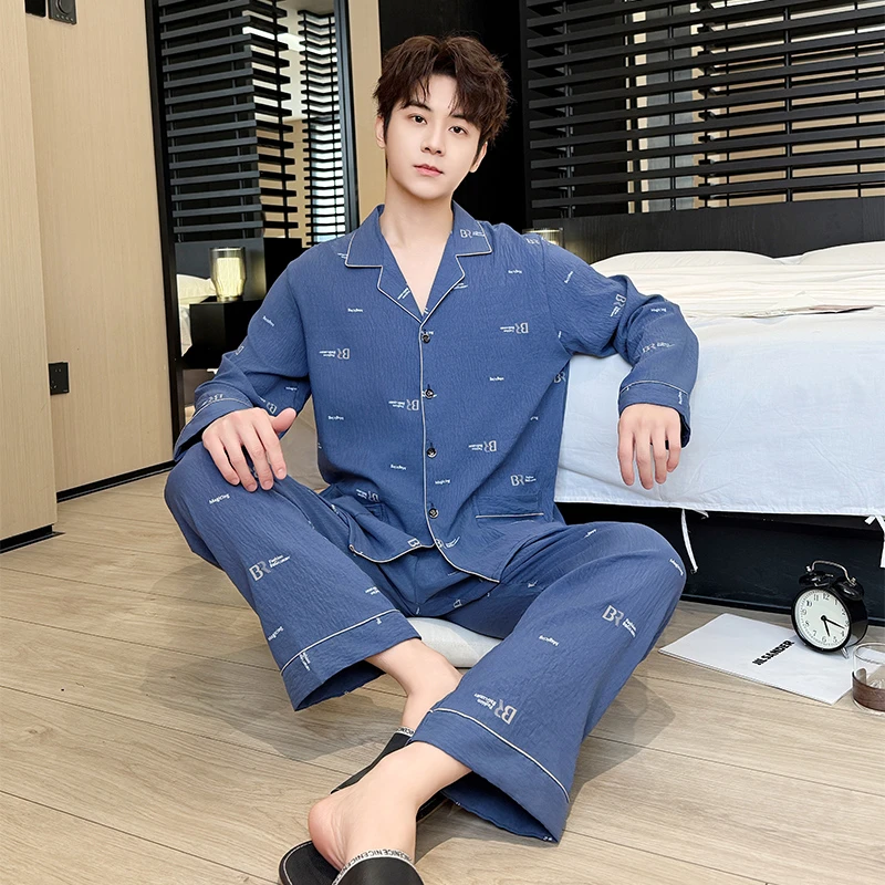 2025年新款夏季男士长袖薄款大码云朵棉睡衣家居服套装中青年男孩