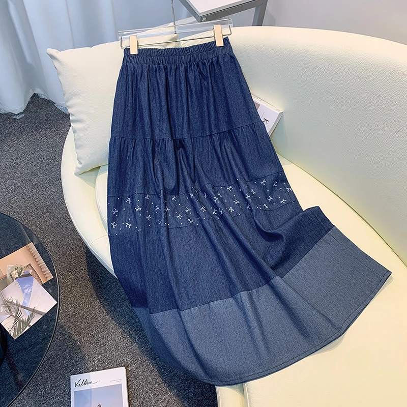 2025夏季新款大码女装薄款冰丝牛仔复古文艺拼接半身裙女显瘦胖mm