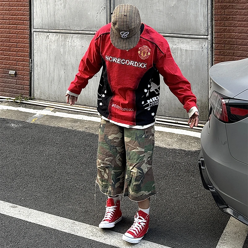 白鹤大人美式复古原创拼色卫衣情侣款长袖T恤男宽松圆领纯棉球服