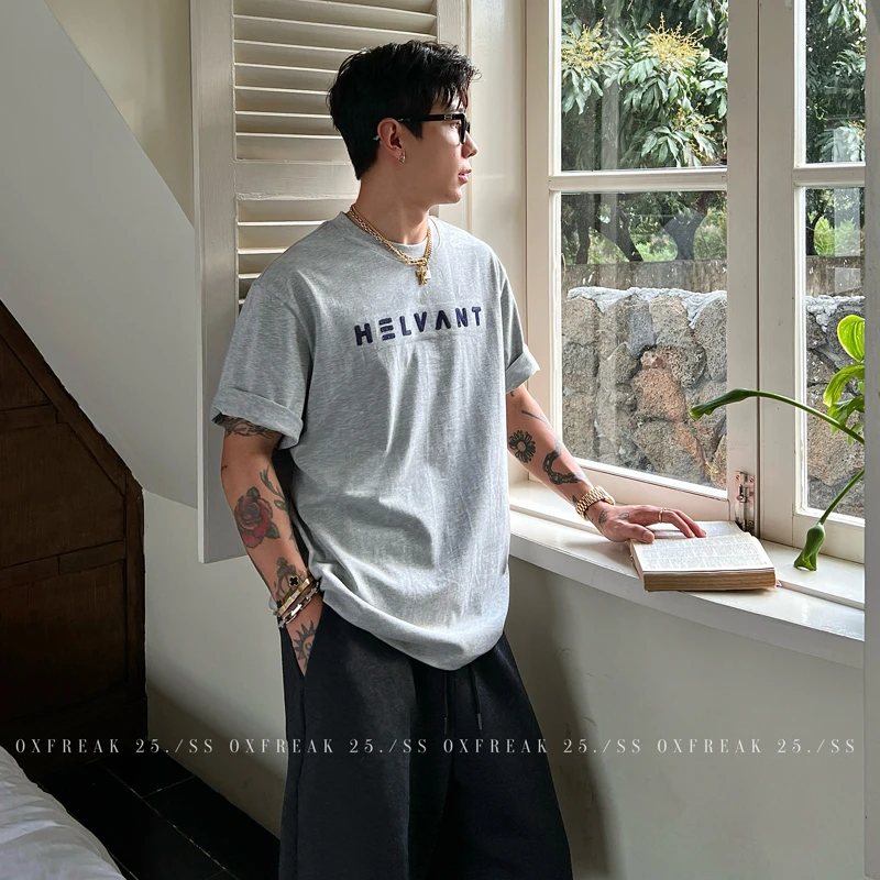 OXFREAK「定织字母绣花」300g纯棉重磅灰色短袖t恤男宽松圆领半袖