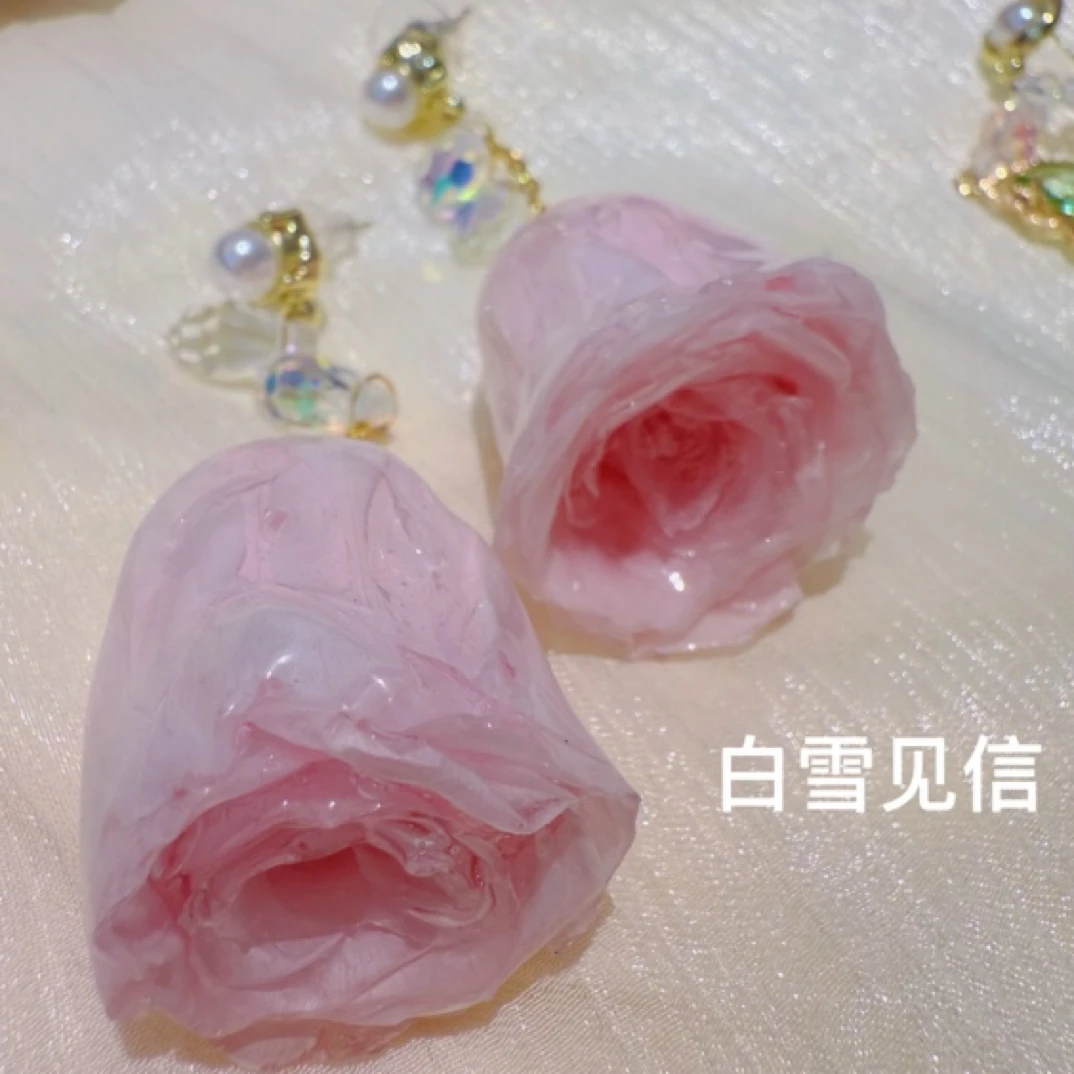 非金属仿水晶耳饰 【浅樱】雪雪原创重工粉色真玫瑰永生花系列耳环