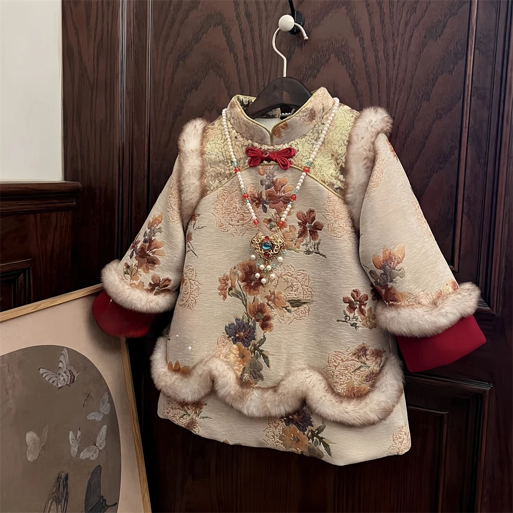 女童蛇年拜年服童连衣裙冬季加绒新款儿童国风唐装女宝宝新年衣服