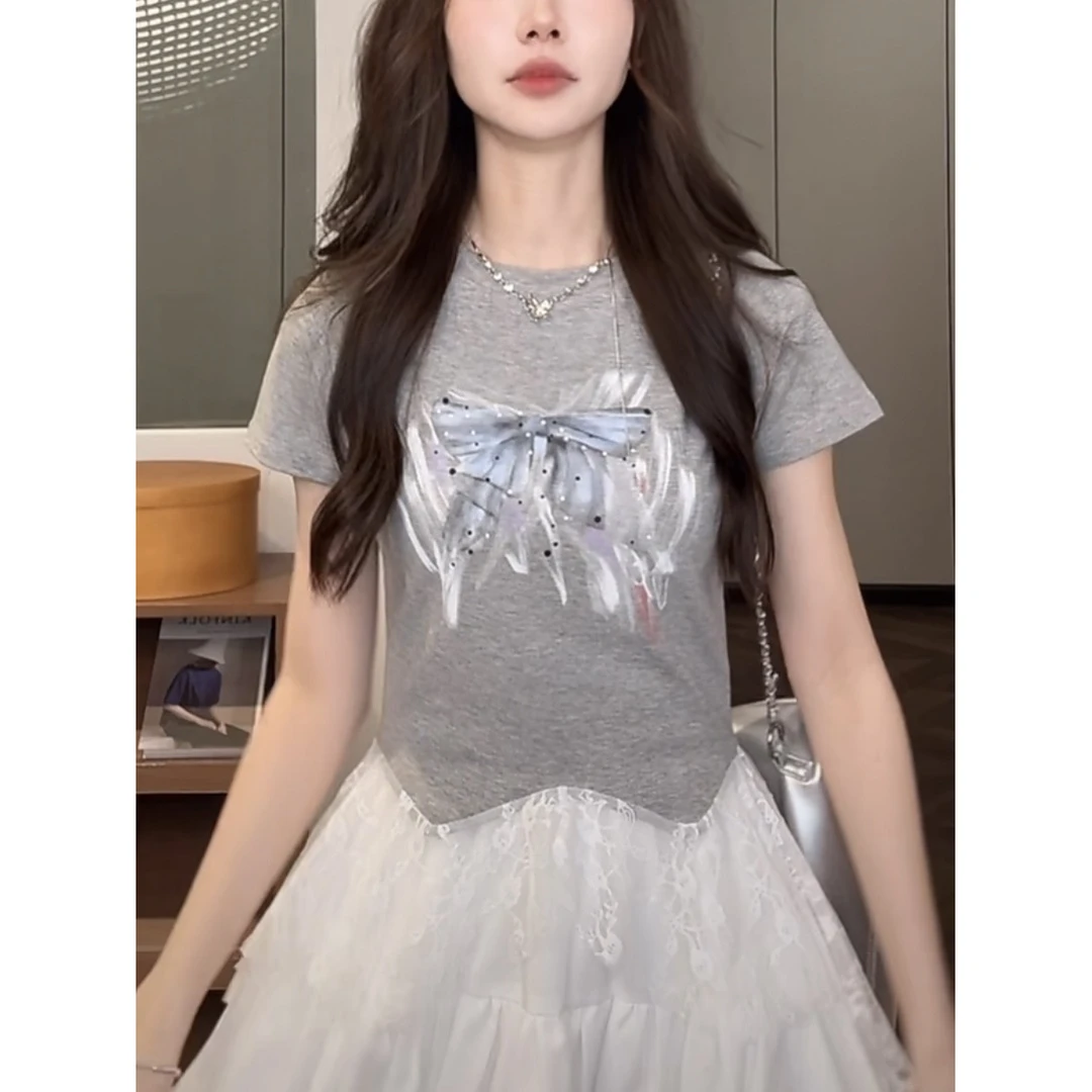 2025夏季新款甜美风蝴蝶印花蕾丝拼接不规则重工花边短袖上衣T恤