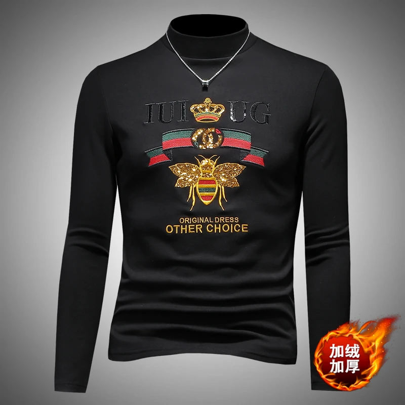 凯邦威欧洲站半高领男小蜜蜂刺绣潮牌长袖内搭新款秋冬打底衫上衣