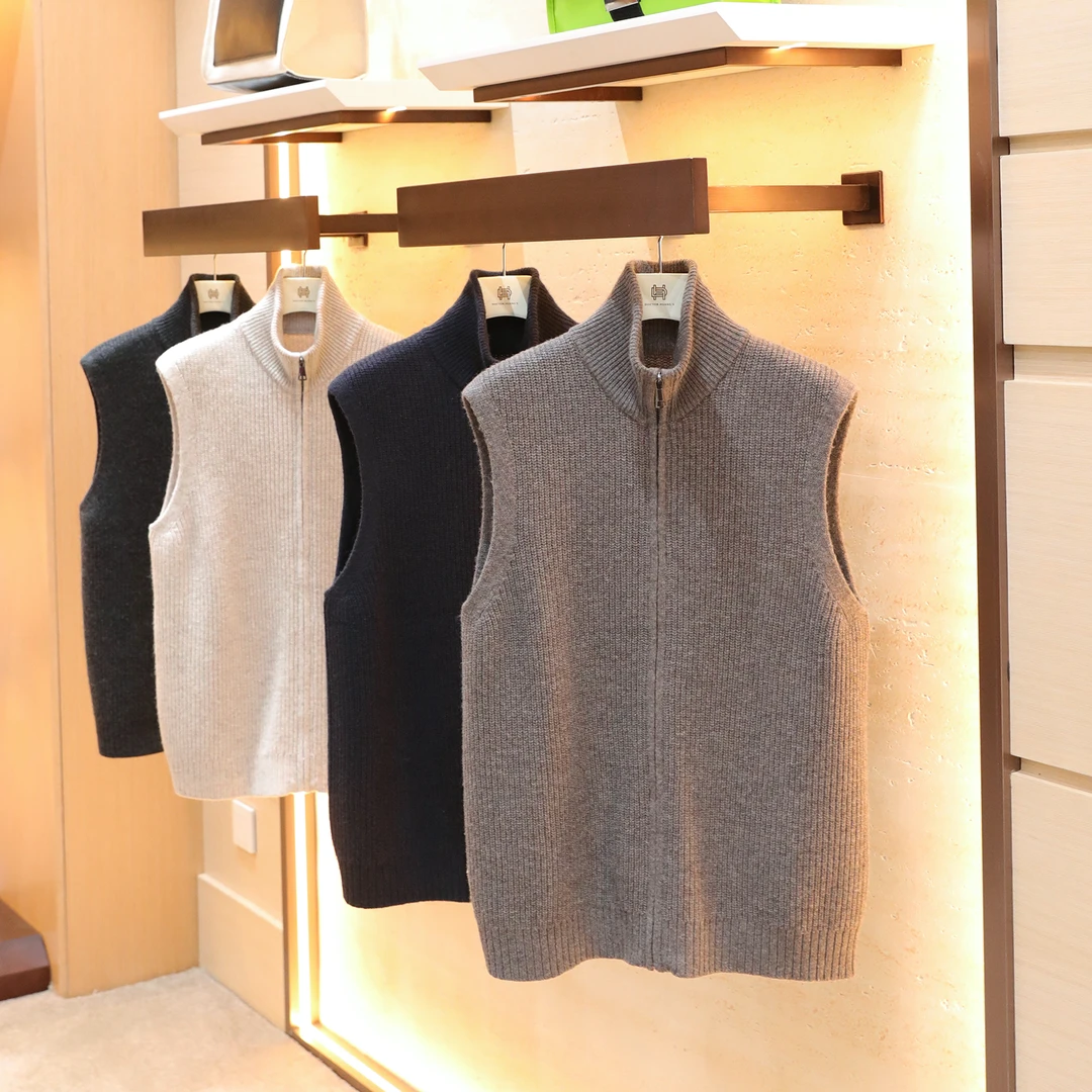 2025秋冬新款男士叠穿老钱风100%绵羊毛拉链翻领针织背心马甲1626