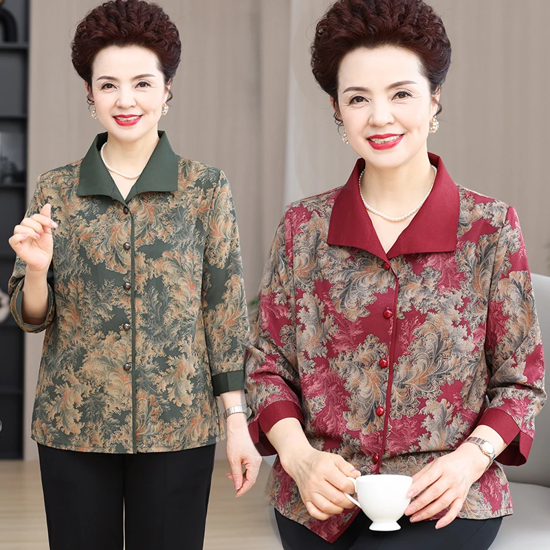 中老年人春装女奶奶国风衬衫妈妈薄款外套老人七分袖衫夏季衣服