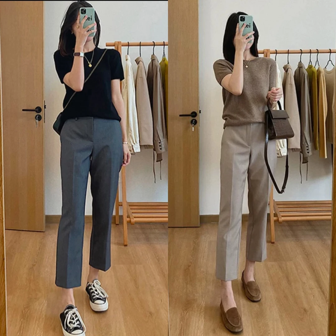 摩卡色烟管西装九分裤女直筒春秋新款通勤小个子高腰显瘦百搭裤子
