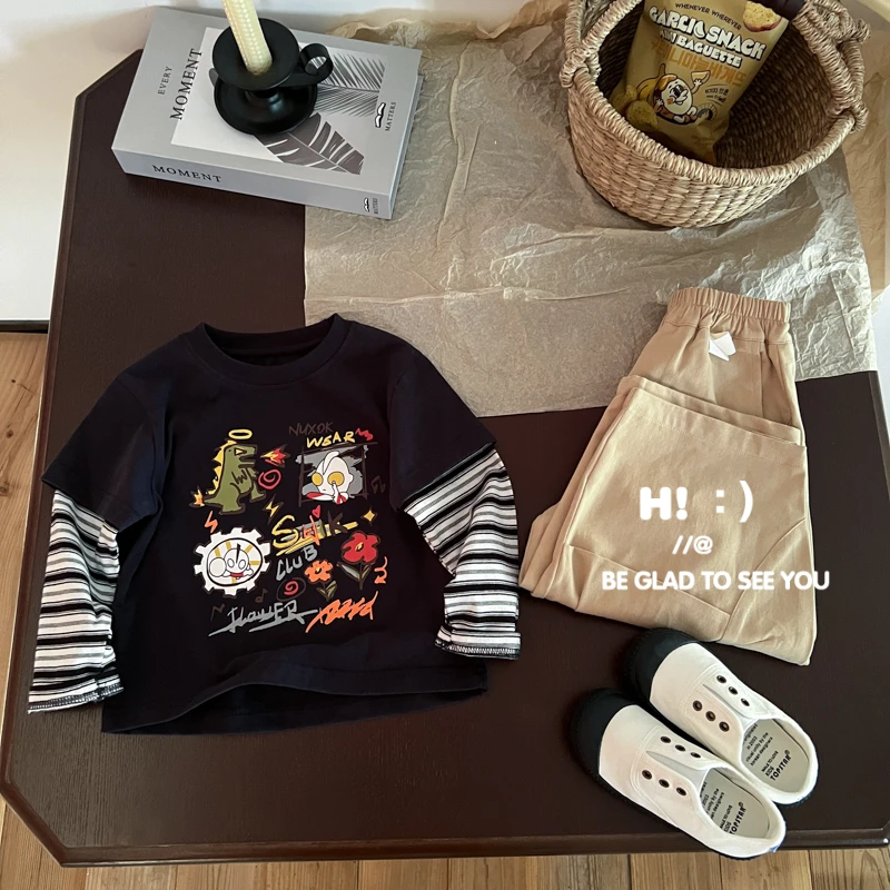 现货【百分百棉】郝叔童品秋季新款2025男童网红假两件长袖潮HL5318