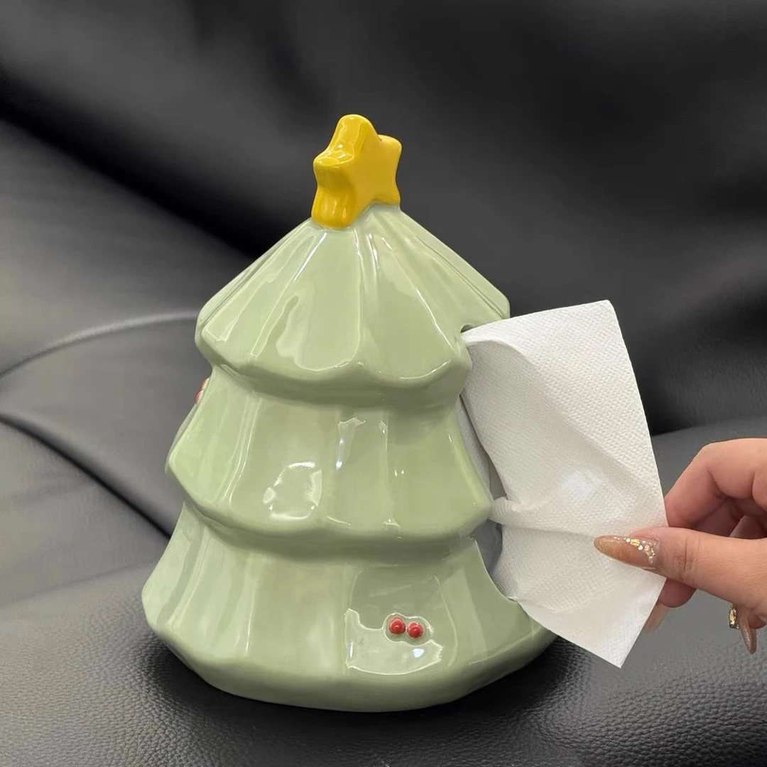 陶瓷高级桌面高颜值感圣诞树可爱纸巾盒家用客厅高轻奢创意纸餐巾