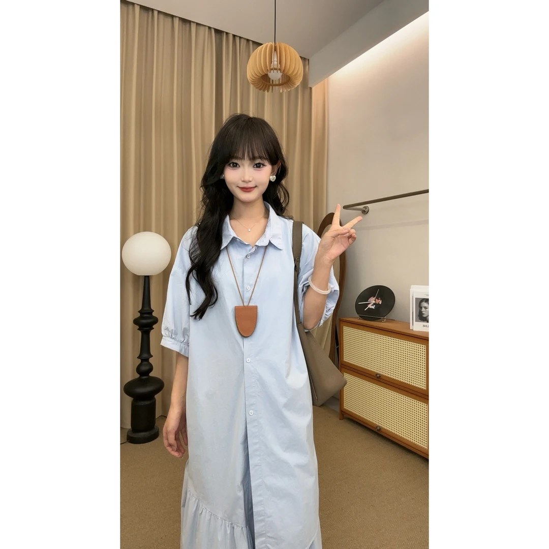 【璟衣服饰】高品质衬衫领单排扣拼接设计感纯色宽松衬衫裙Z1822