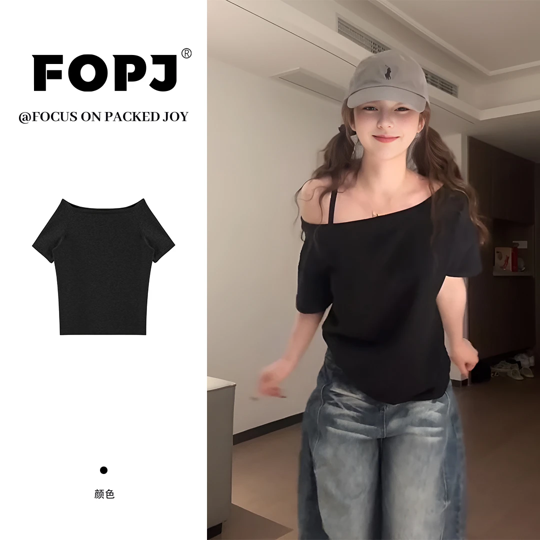 FOPJ夏季新款斜肩短袖t恤女纯欲风宽松显瘦内搭露肩时尚打底上衣