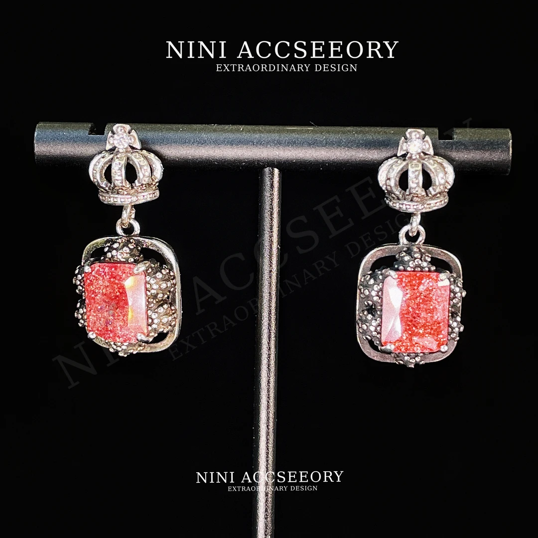 『桃粉蔷薇』夏天彩色多巴胺复古美式辣妹皇冠个性时尚小众耳坠耳钉