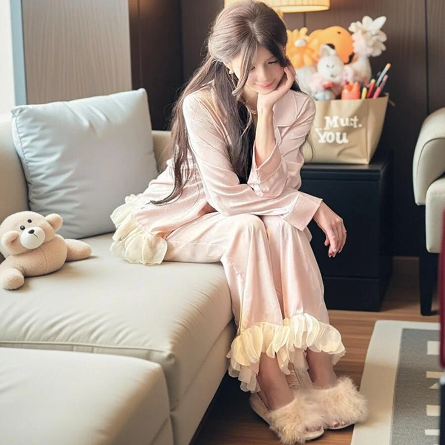 法式花瓣睡衣女春秋冰丝粉色洋气春夏2025网红爆款长袖长裤两件套