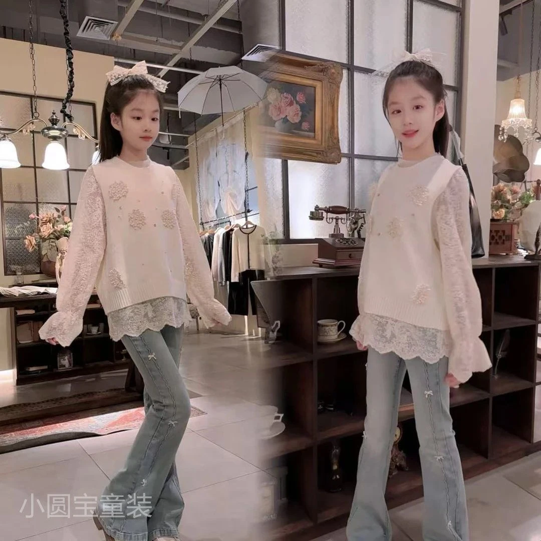 女童秋装套装儿童洋气时髦针织马甲蕾丝打底衫中大童时尚三件套潮