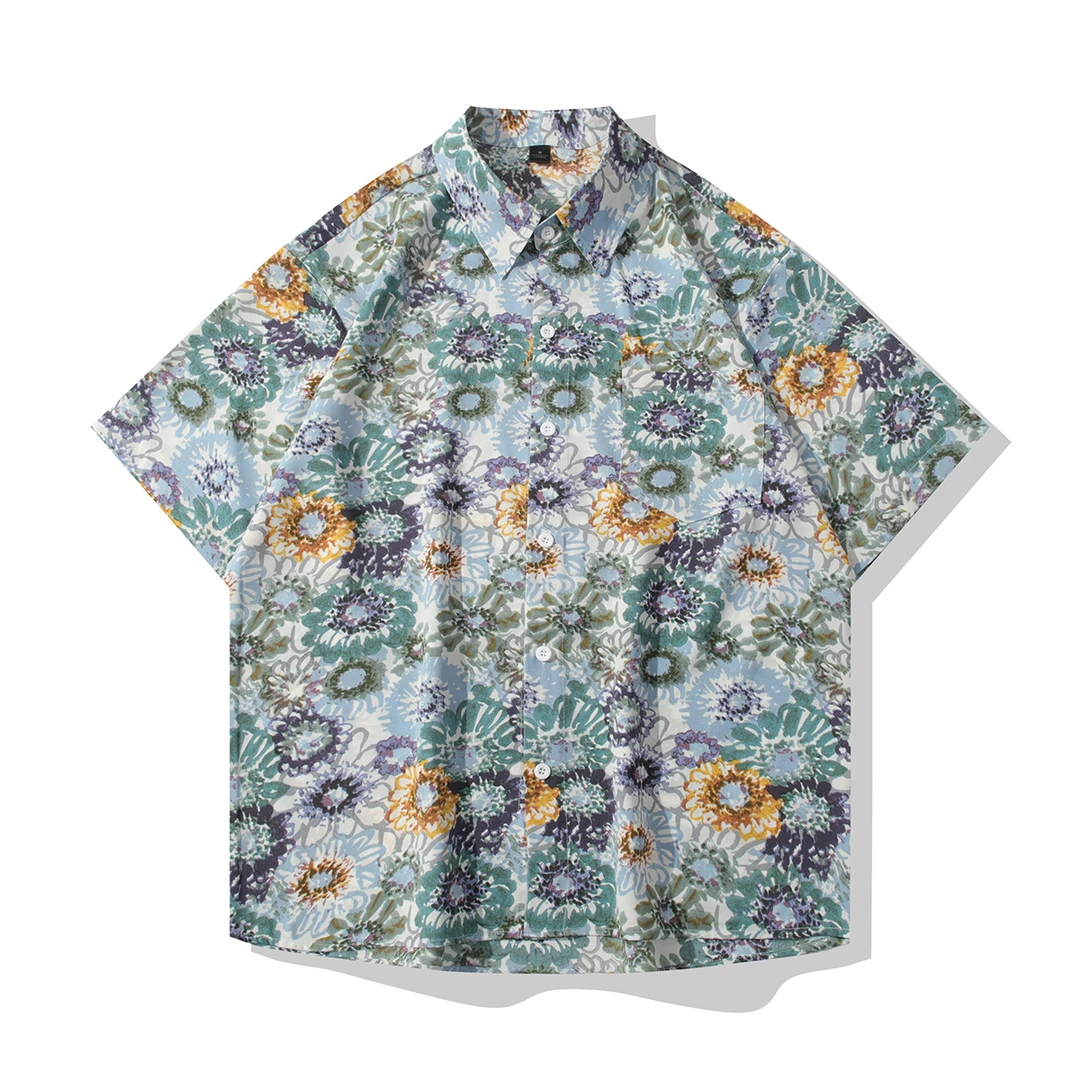 夏季国风菊花印花冰丝花衬衫薄款冰感透气宽松衬衣复古港风潮流男