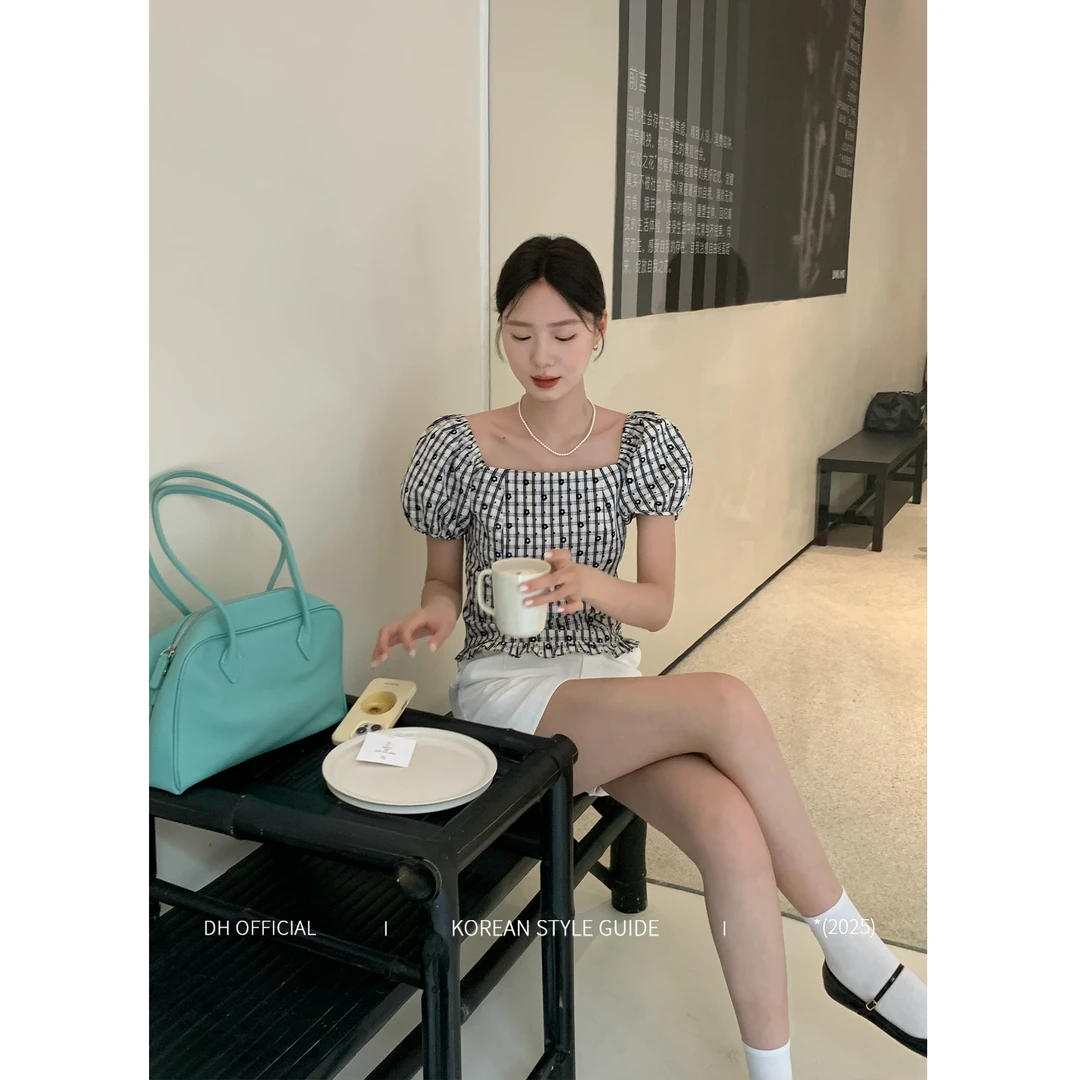 DH OFFICIAL 大花【周末小记 tops】法式两穿山茶花格纹上衣