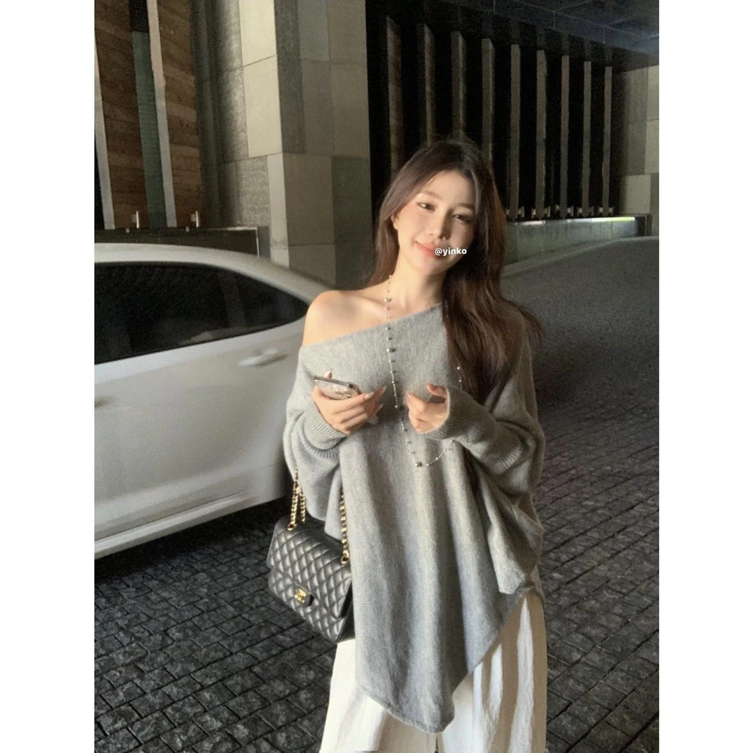 实拍 设计感不规则蝙蝠袖针织慵懒感气质显瘦上衣+亚麻长裤