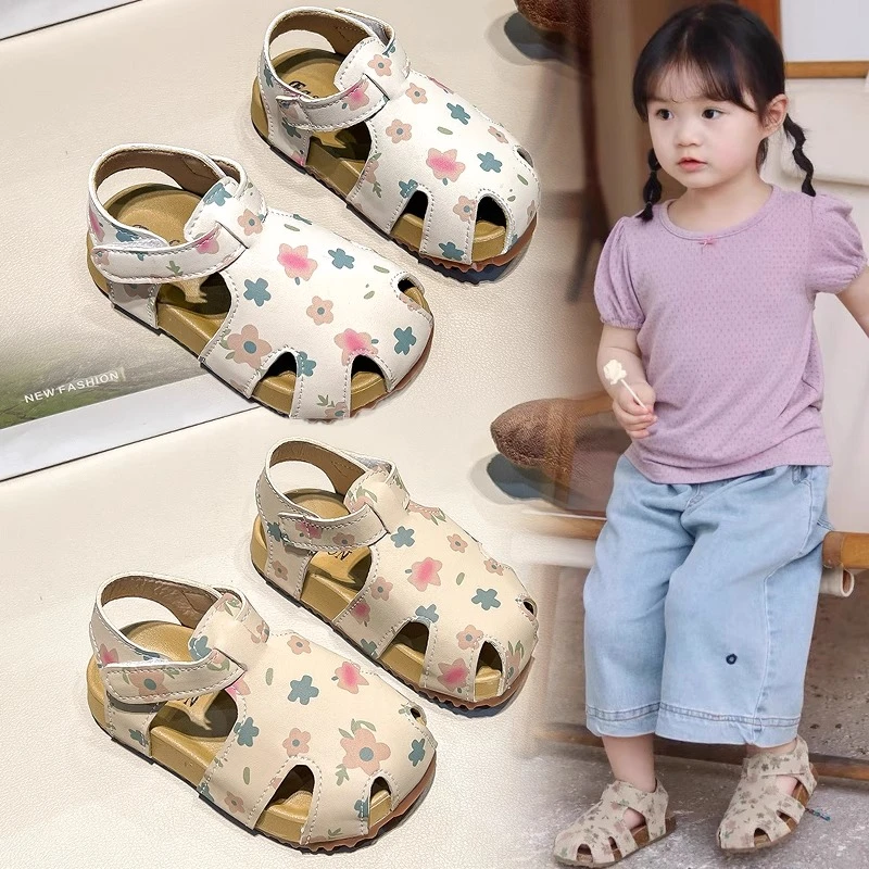 女童鞋子夏季小碎花洋气包头凉鞋女宝宝软底镂空夏款鞋小童公主鞋