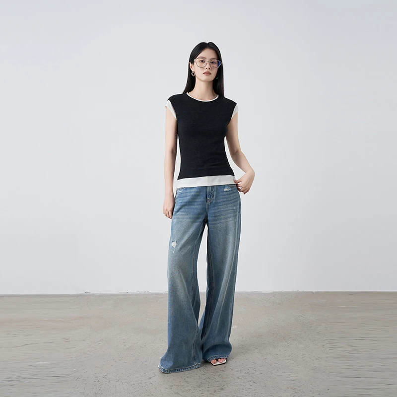 Moprobably李予诺「嗨皮蓝牛」水洗磨破直筒牛仔裤L5273006