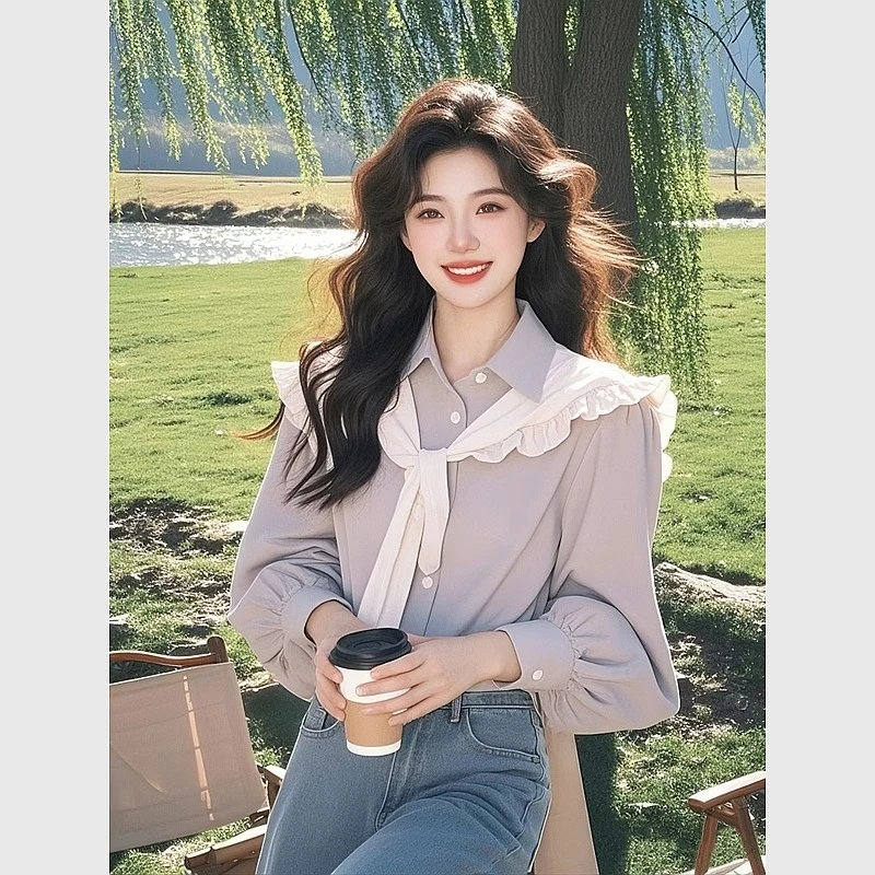 2025春季新款小衫超好看独特漂亮时髦设计感灰色荷叶边拼接衬衫女