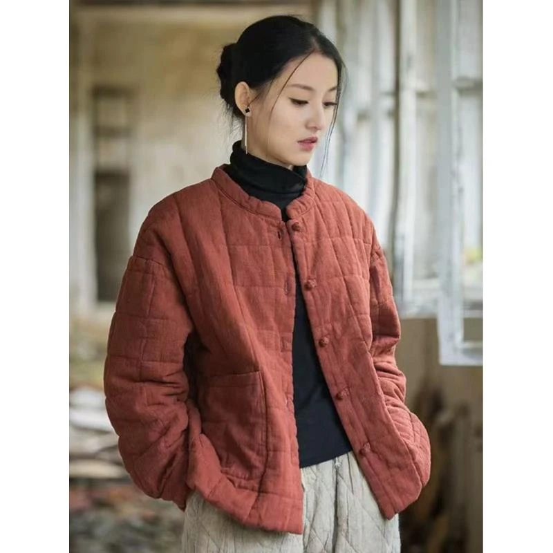 冬季2025年新款中式立领盘扣短款衣女宽松苎麻女士工装棉服