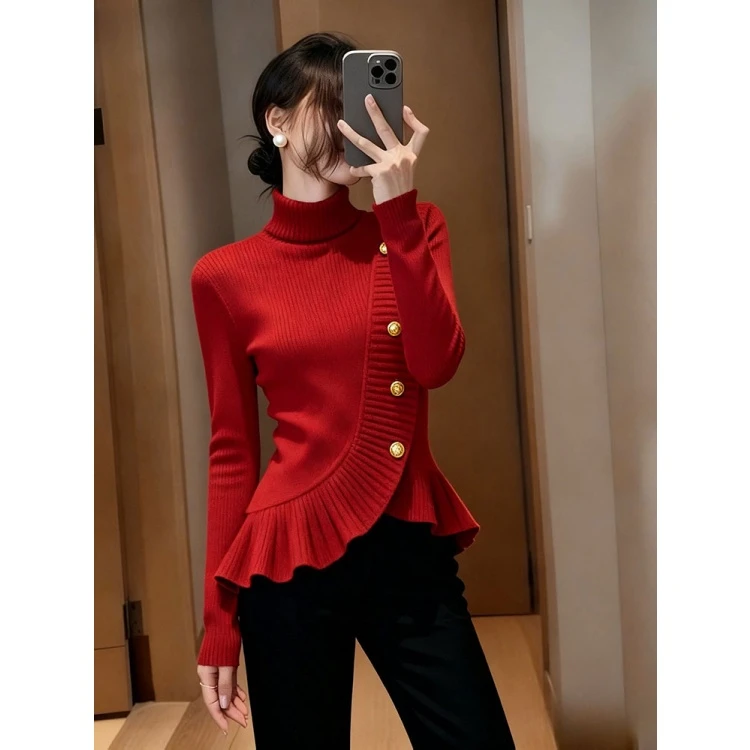 红色荷叶边高领毛衣女秋冬小众设计感高端超好看气质掐腰针织上衣