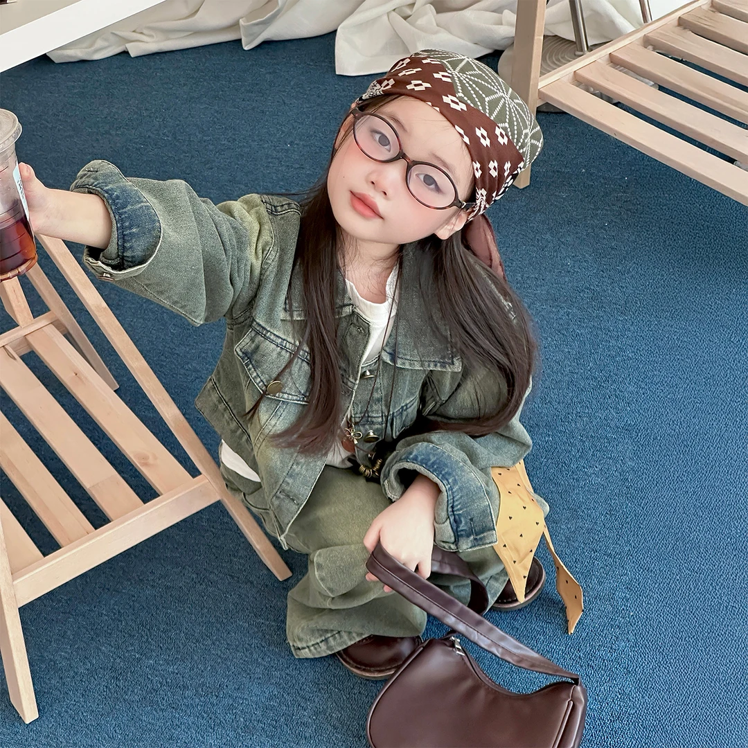 女童酷飒套装2025新款小女孩春秋复古美式牛仔两件套儿童洋气穿搭