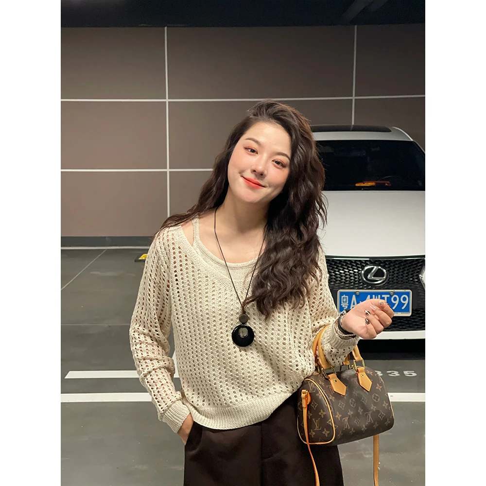 WenWen小个子2025秋季韩版新款镂空针织衫假两件显瘦上衣4298