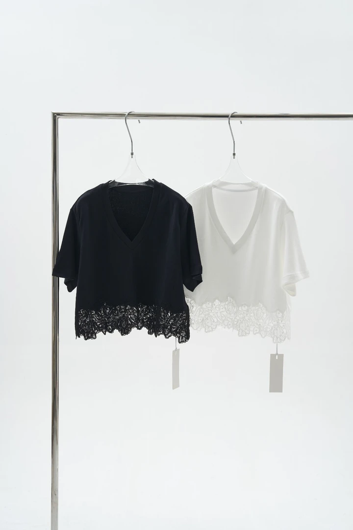 HTT小众设计感原创短款纯色拼接蕾丝T恤上衣5221052