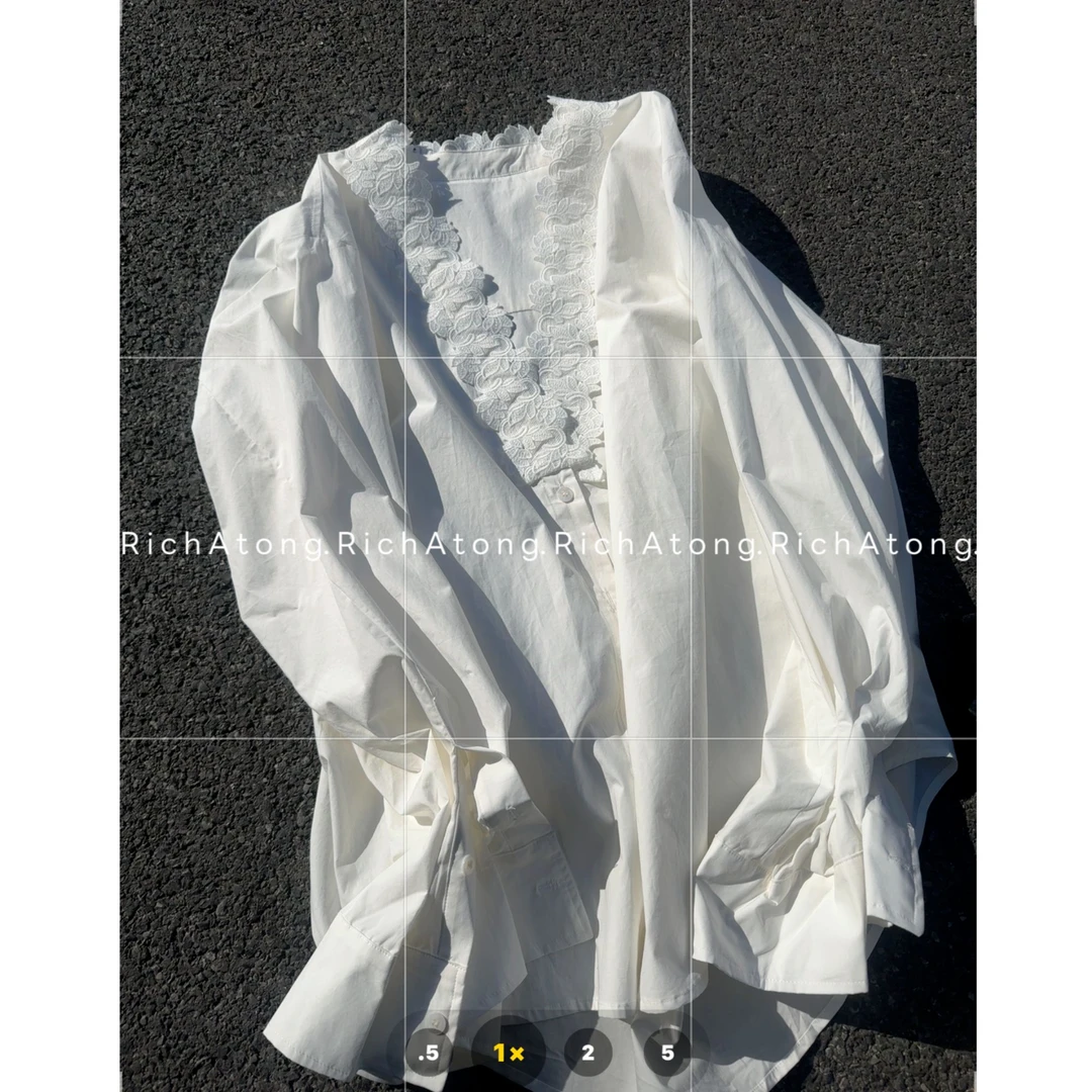 atong/阿彤-【大V领】-2025新款早春设计款V领花边大版宽松衬衫