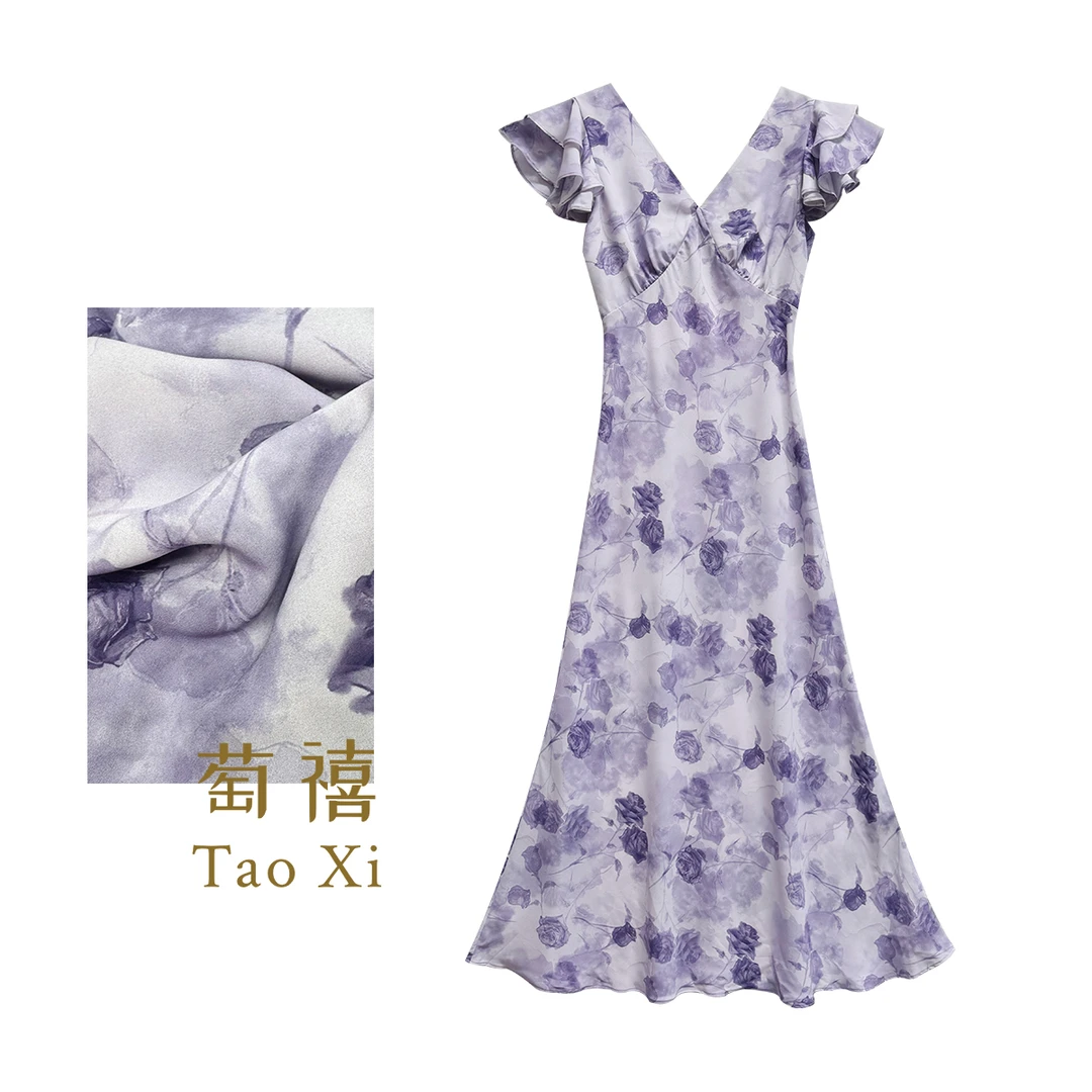 【子涵】紫色玫瑰 桑蚕丝印花气质显瘦高腰中长款连衣裙TX06QZ1071