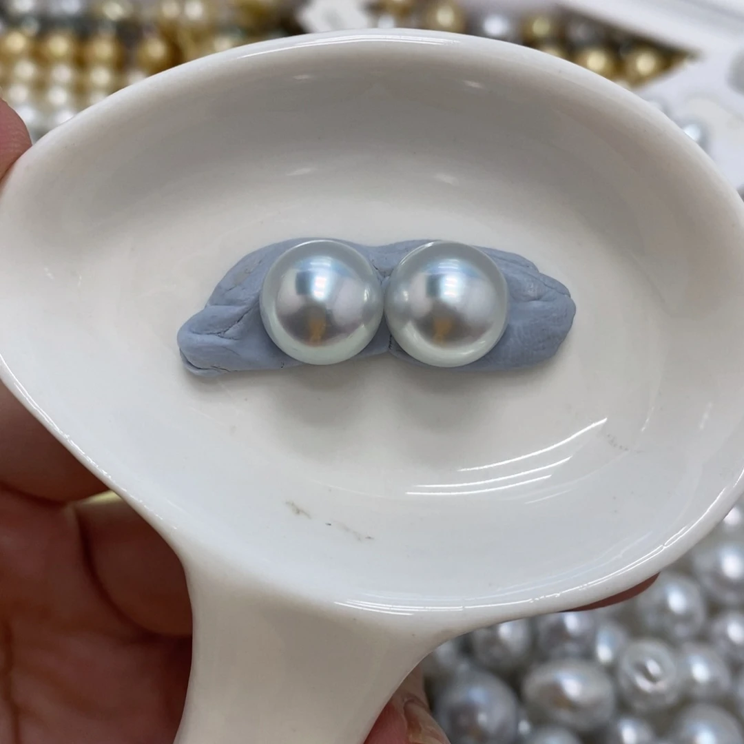 裸珠海水珍珠澳白银蓝对珠11+