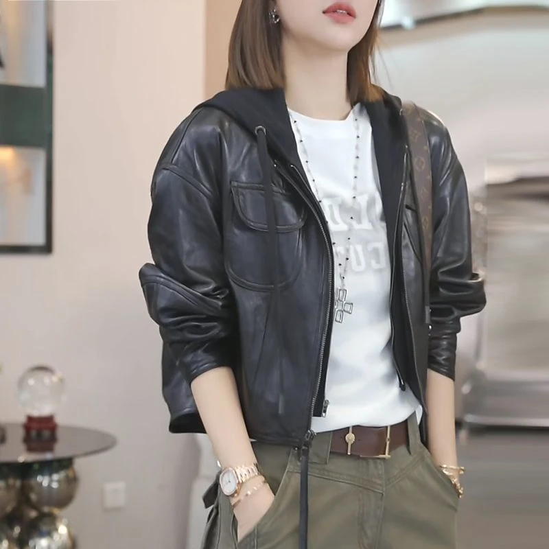 欧货时尚机车服短外套女2025年早秋新款连帽拼接设计感皮衣夹克