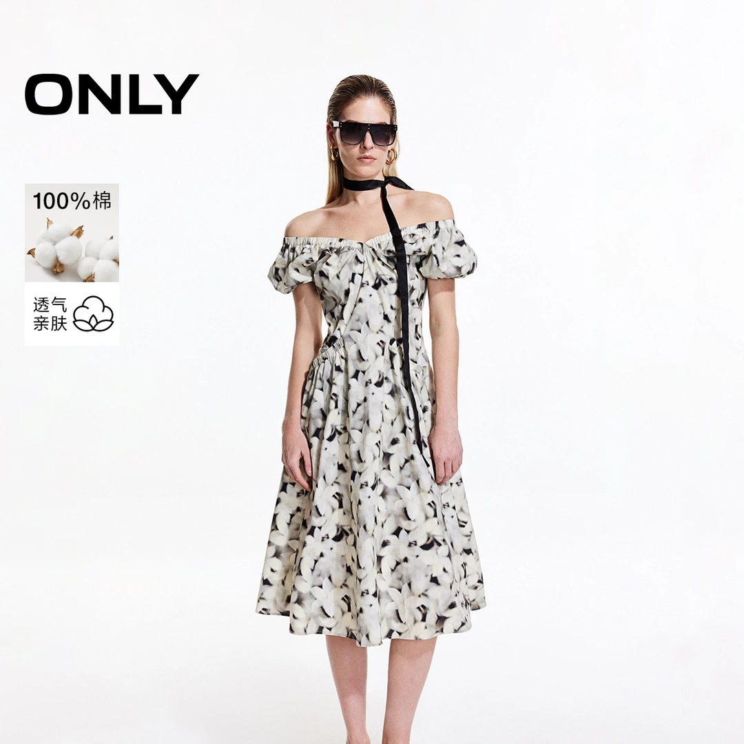 ONLY2025新春夏新款气质淑女泡泡袖V领中长款连衣裙女|125107091