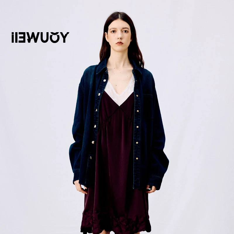 有尾YOUWEI蓝套黑后兜收腰气质时尚牛仔衬衫秋冬长袖上衣Y1625103