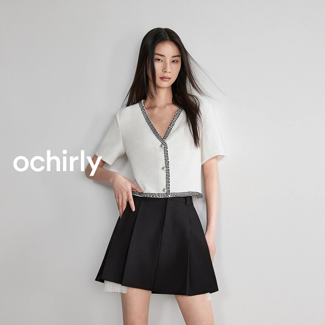 OCHIRLY欧时力V领小香风短袖外套镶边法式正肩雅丹风1LY2041100