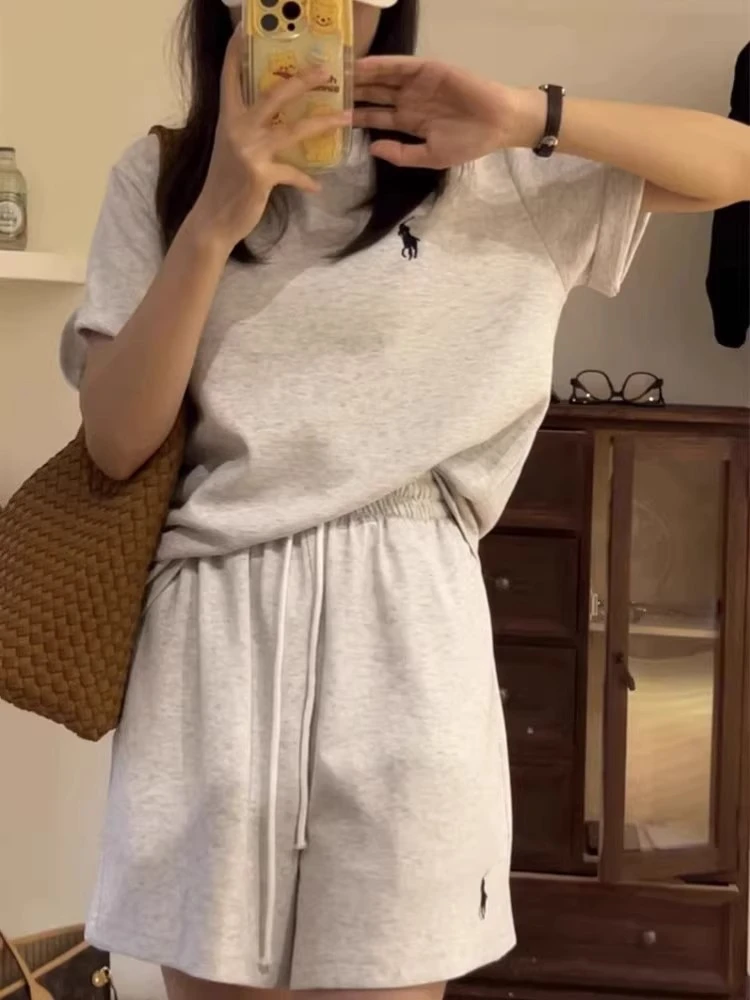 【刺绣小马】设计感小众短袖韩版休闲运动服套装女夏宽松两件套短裤
