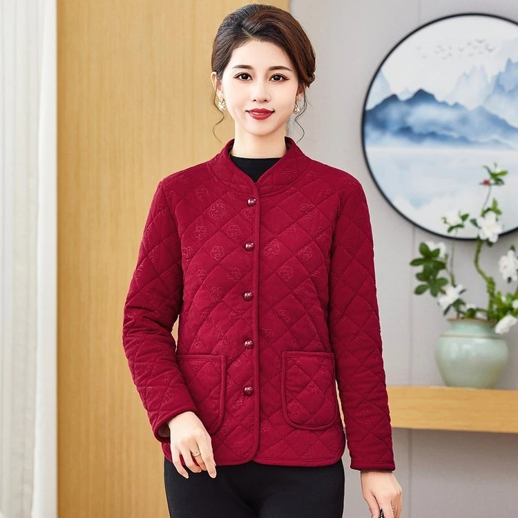 新款中老年妈妈装时尚设计格纹压花百搭冬季加厚女装立领加厚外套