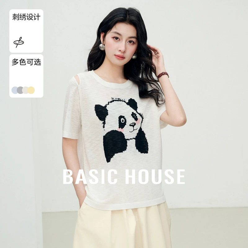 Basic House/百家好熊猫刺绣撞色针织衫夏季流行露肩套头圆领上衣