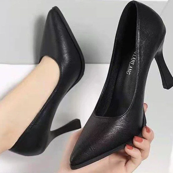 细跟不累软皮高跟鞋黑色新款职业上班尖头礼仪工作鞋单鞋通勤百搭