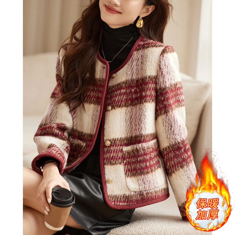 小香风安可拉红格纹外套女春季新款设计感小个子夹棉加厚毛呢上衣