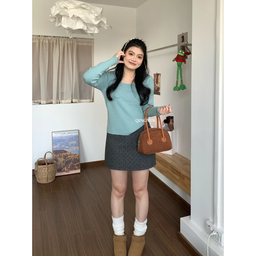 QINGYUS-方领正肩长袖套头春季慵懒感保暖纯色基础款打底针织衫女