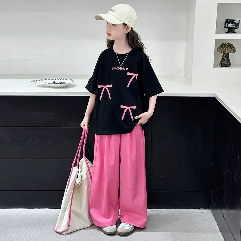 暖【亲子装】女童夏季2025新款中大童短袖蝴蝶结T恤阔腿裤两件套