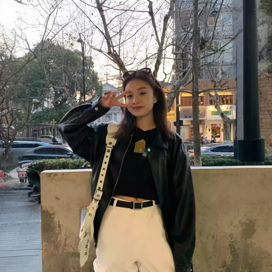 2025新款春秋季拉链翻领pu皮衣外套女短款宽松显瘦美式复古机车服