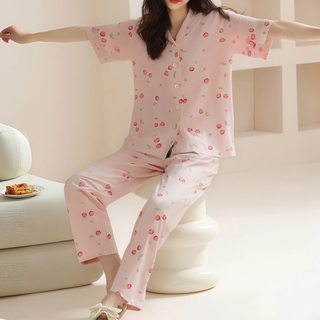 夏季女士100%纯棉印花家居套装短袖长裤BB0341薄款柔软透气舒适