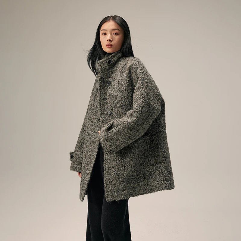 ANYIYI2024新款高级感圈圈羊驼马海羊毛大衣女廓形立领毛呢外套