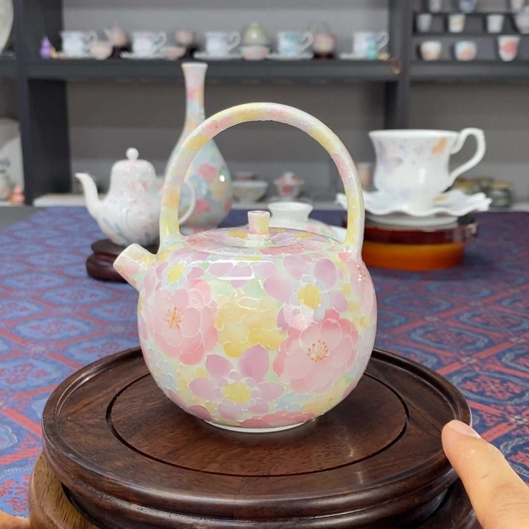 万花提梁茶壶手绘釉下彩高温瓷