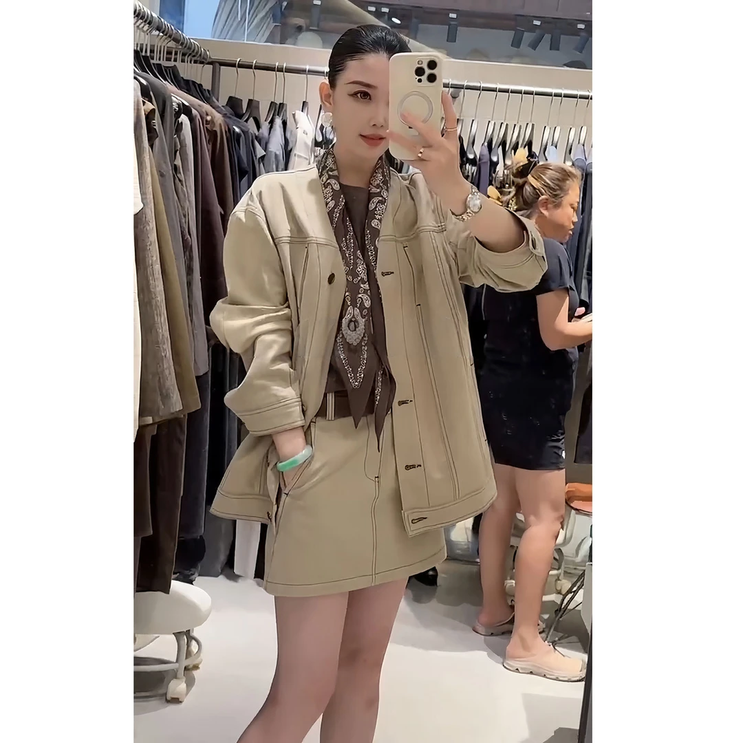 时尚欧货休闲通勤套装女2025秋季新款纯色中长款短外套半裙两件套