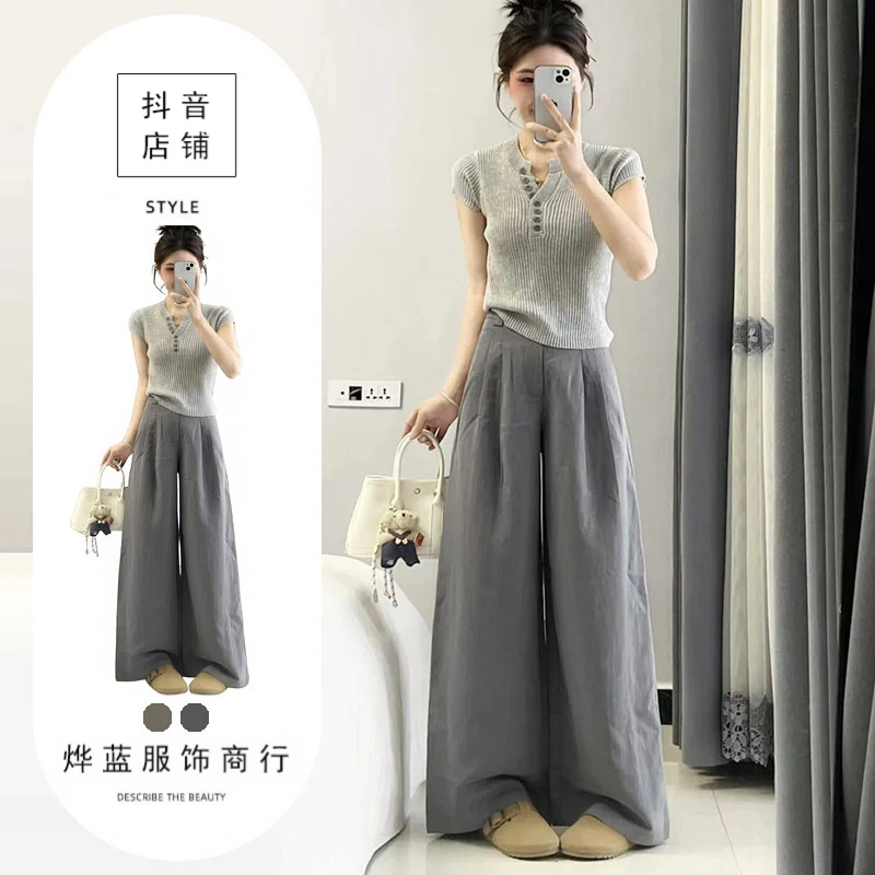 温柔系炸街奶乖套装女夏季新款短袖针织衫+宽松显瘦阔腿裤两件套