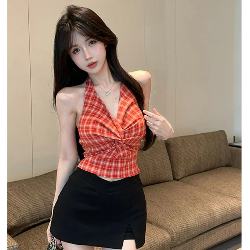 辣妹扭结多巴胺细闪格纹V领挂脖背心甜辣小衫上衣女短款裙裤套装